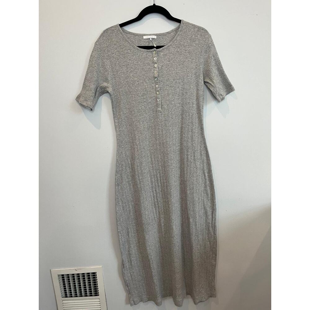 Stitch Drop Henley Dress Women M Gray Ribbed Short Sleeve Midi Bodycon